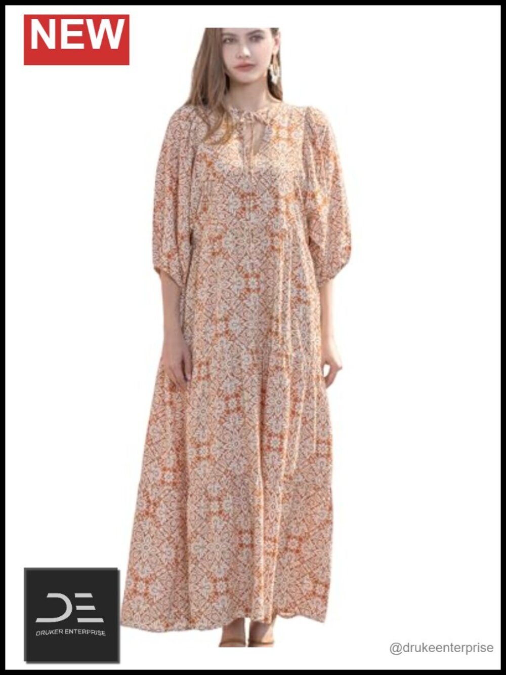 Boho Maxi Dress 3/4 Puff Sleeve V Neck Flowy Swing Long Summer Dress